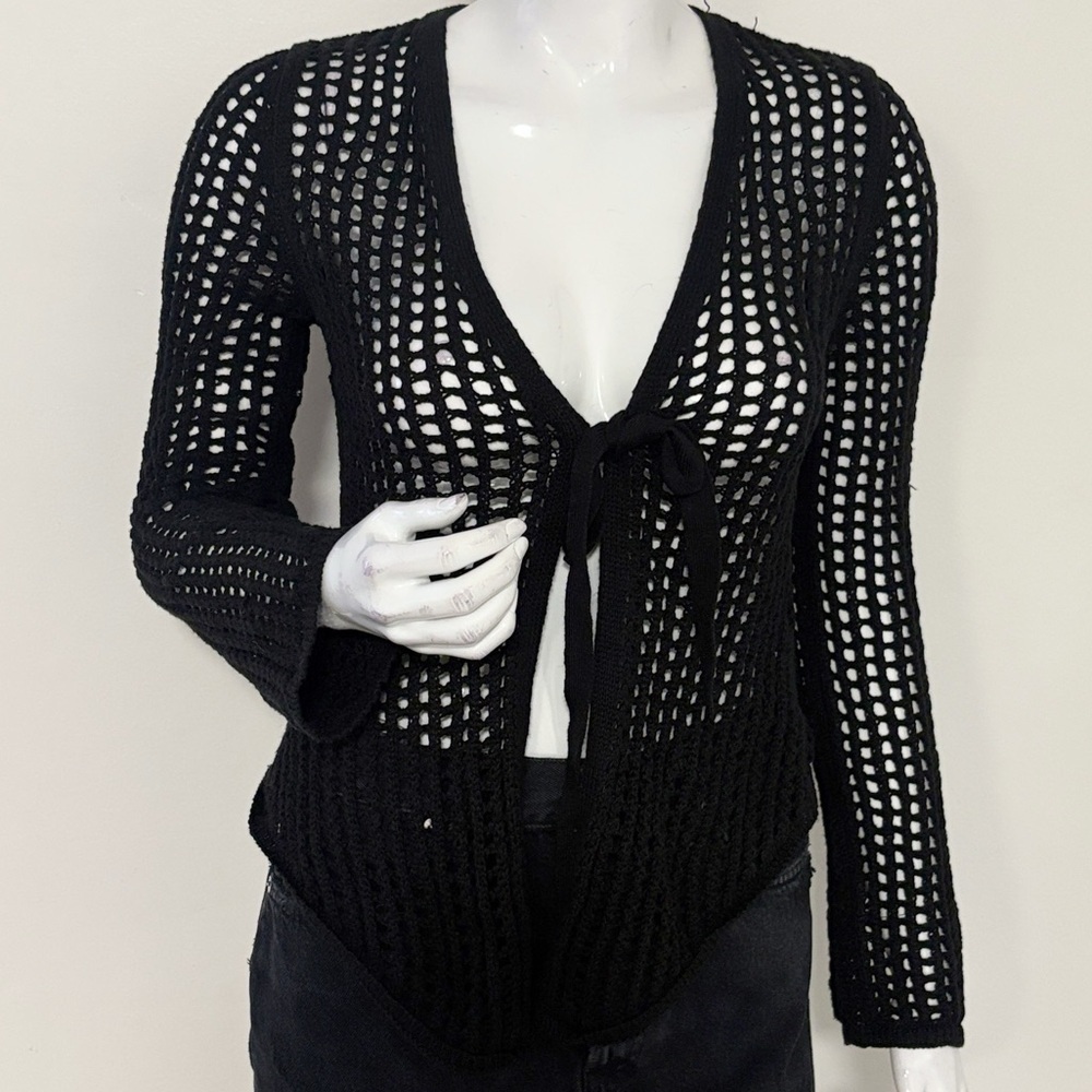 Urban Outfitters Ecote Black Open-Knit Tie Front Cardigan Fishnet Style Sweater
